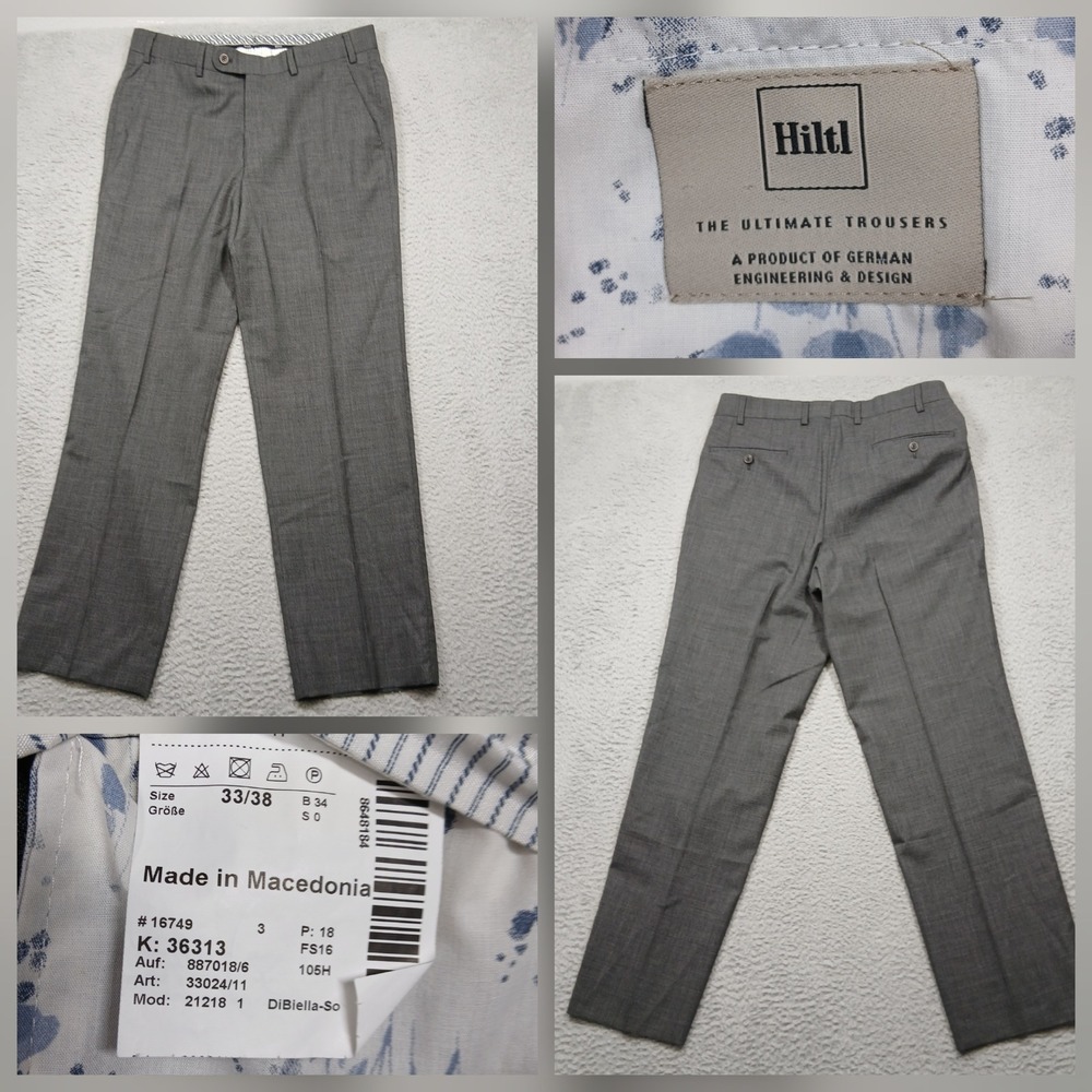 Hiltl Dress Pants Men's 33x38 Gray Wool Blend Flat Front Germany
